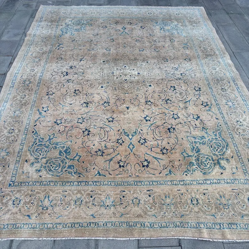 鮮やかな9.4x13.1フィートのラグ、オレンジ&グリーンの自然をイメージしたデザイン