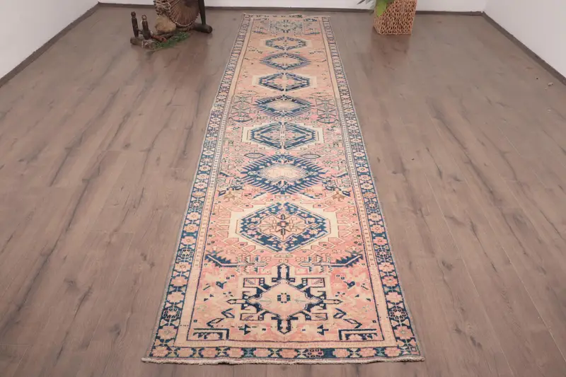Türkischer Teppich, Läufer 2,9x12,6 ft Teppich, Oushak Blauer Blumenteppich - 1