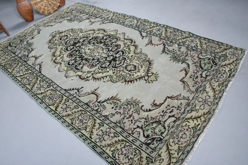 5,8x9,1 ft Teppich, türkischer Vintage Teppich, grün brauner abstrakter Wollteppich - 1