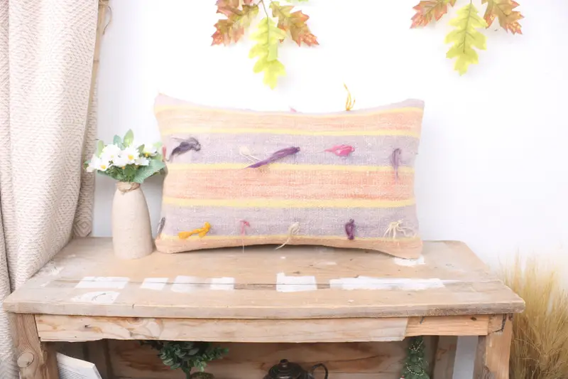 One Of A Kind Pillow Case, Turkish Pillow, Vintage Kilim Throw Pillow, Outdoor Patio Cushion, Kilim Pillow, 12x20 Yellow Pillow Cover, Cushion Case - 1