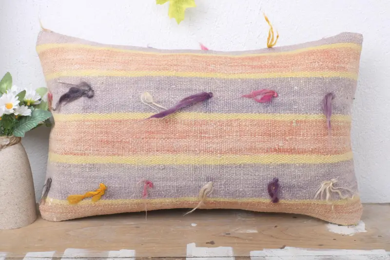 One Of A Kind Pillow Case, Turkish Pillow, Vintage Kilim Throw Pillow, Outdoor Patio Cushion, Kilim Pillow, 12x20 Yellow Pillow Cover, Cushion Case - 2