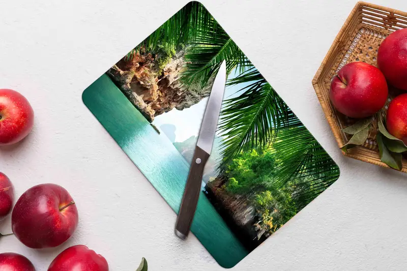 海の風景ガラスまな板、強化、滑り止め足