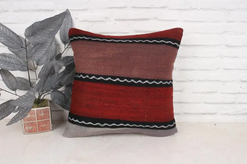 Turkish Pillow, Kilim Rug Cushion Case, 18x18 Red Cushion, Vintage Pillow Cover, Cushion Cover, Gift Pillow, Handmade Kilim Cushion - 1