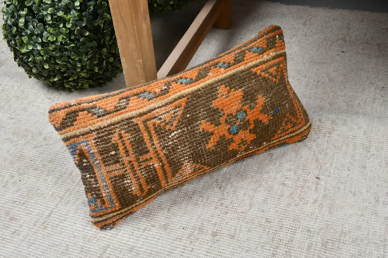 Vintage Kilim Throw Pillow, 8x16 Orange Cushion, Pillow for Couch, Rustic Pillow Case, Handwoven Pillow Cover Pillow Cover, Cushion, Antique Pillows - 7