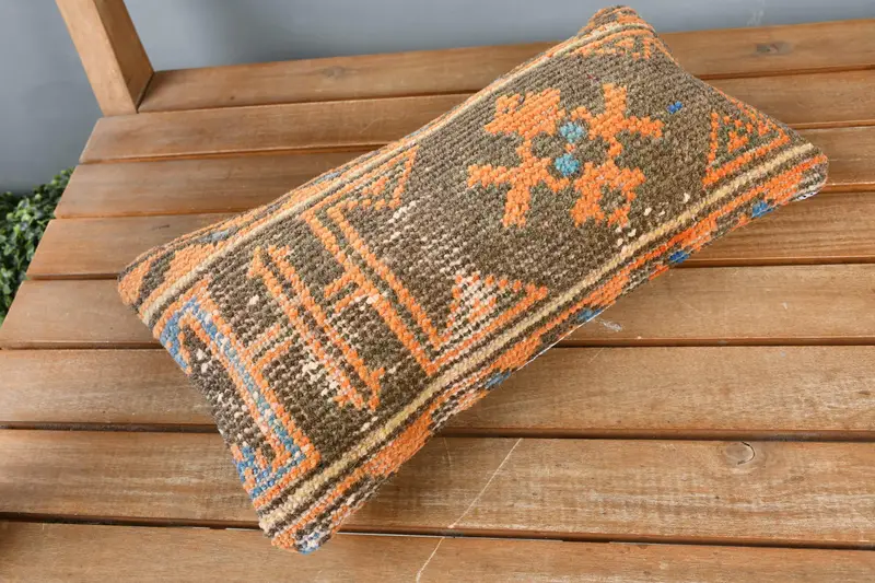 Vintage Kilim Throw Pillow, 8x16 Orange Cushion, Pillow for Couch, Rustic Pillow Case, Handwoven Pillow Cover Pillow Cover, Cushion, Antique Pillows - 2