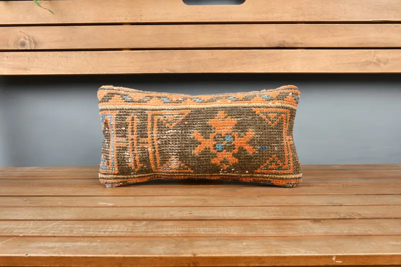 Vintage Kilim Throw Pillow, 8x16 Orange Cushion, Pillow for Couch, Rustic Pillow Case, Handwoven Pillow Cover Pillow Cover, Cushion, Antique Pillows - 6