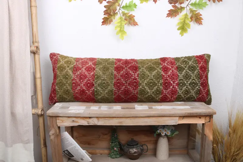 Handmade Embroidered Green & Red Pillow, 12x36 Vintage Throw Pillow
