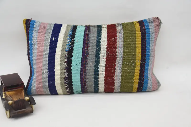 Striped Throw Pillow Case, 12x20 inch Blue Outdoor Antique Pillow Cover - 1