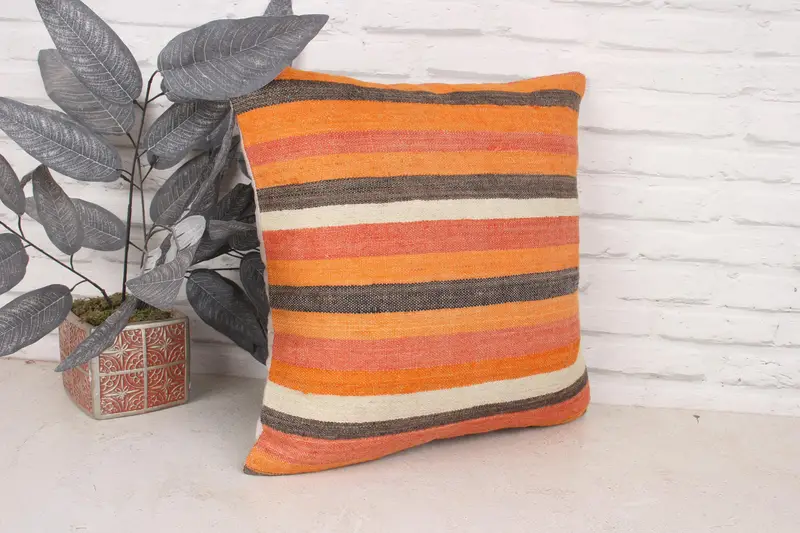 Pillow for Sofa, Cushion, Ethnic Throw Cushion, Turkish Kilim Pillow, Kilim Pillow Cover, 18x18 Orange Pillow - 3