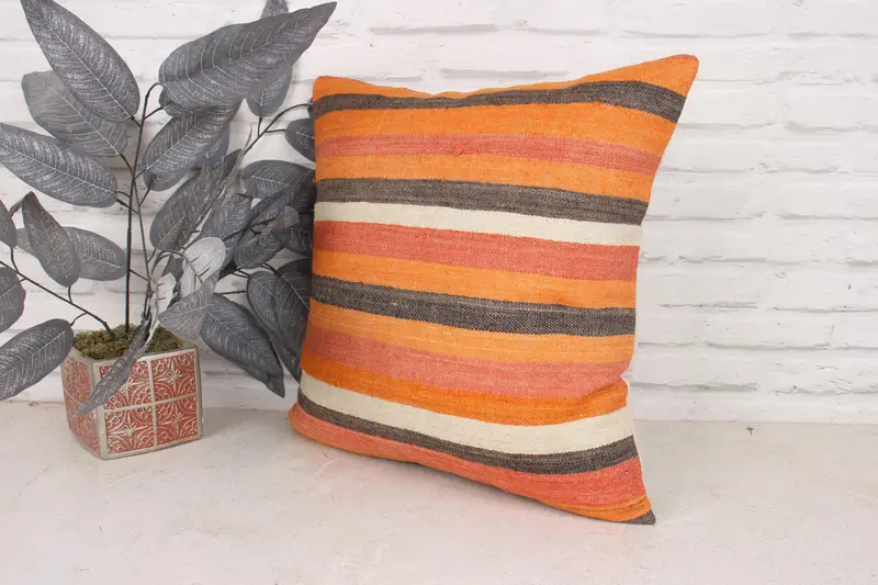 Pillow for Sofa, Cushion, Ethnic Throw Cushion, Turkish Kilim Pillow, Kilim Pillow Cover, 18x18 Orange Pillow - 4