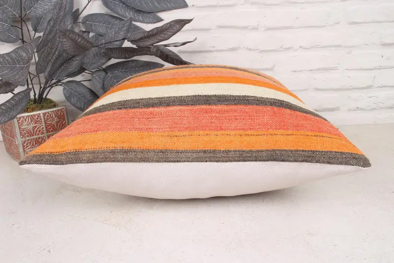 Pillow for Sofa, Cushion, Ethnic Throw Cushion, Turkish Kilim Pillow, Kilim Pillow Cover, 18x18 Orange Pillow - 5