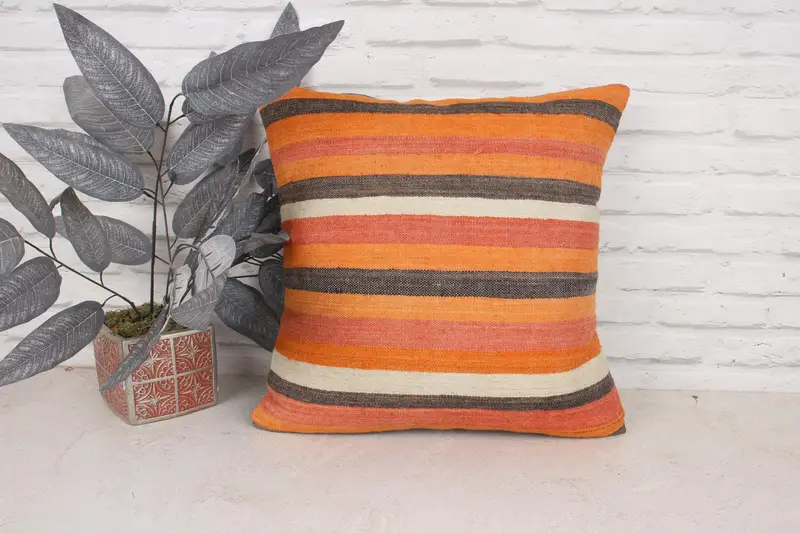 Pillow for Sofa, Cushion, Ethnic Throw Cushion, Turkish Kilim Pillow, Kilim Pillow Cover, 18x18 Orange Pillow - 1