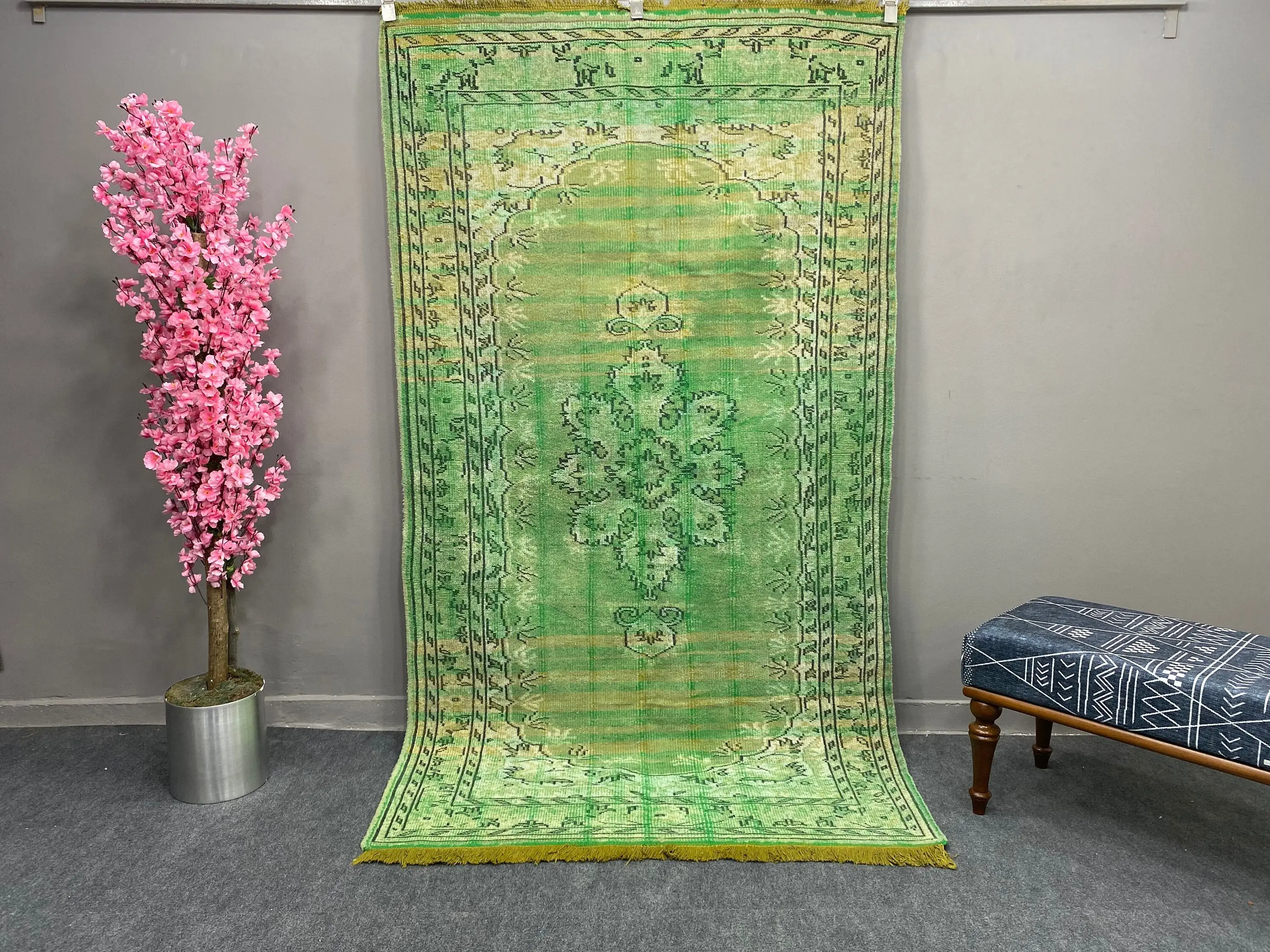 4.4x8 ft Vintage Türk Halısı, Alan Halısı, Yeşil Yün Halı - 1