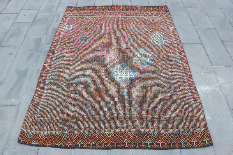 Orange & Blue Rug, 5,6x7,5 ft Geometric Floral Design