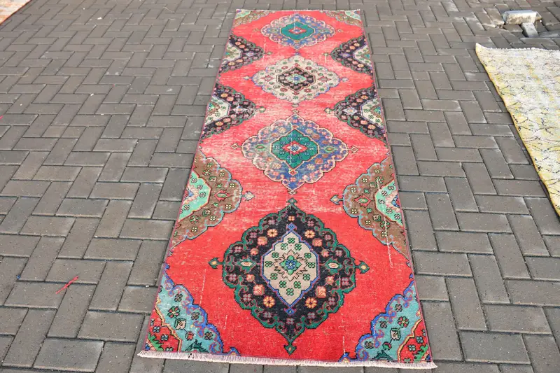 3 x 8,6 Fuß türkischer Läuferteppich, rot-blauer Vintage-Wollteppich mit Blumenmuster - 1