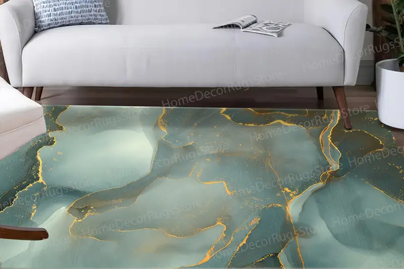 Green Gold Marble Printed Rug: Luxury Shimmery Modern Design