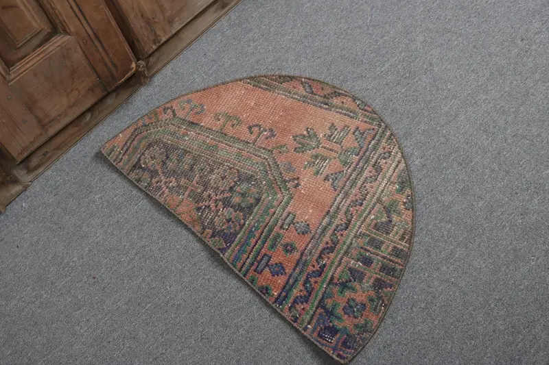 Vintage Türk Yuvarlak Halısı 2,5x1,5 ft (75x45 cm), Mavi Çiçekli Oushak Halı - 1