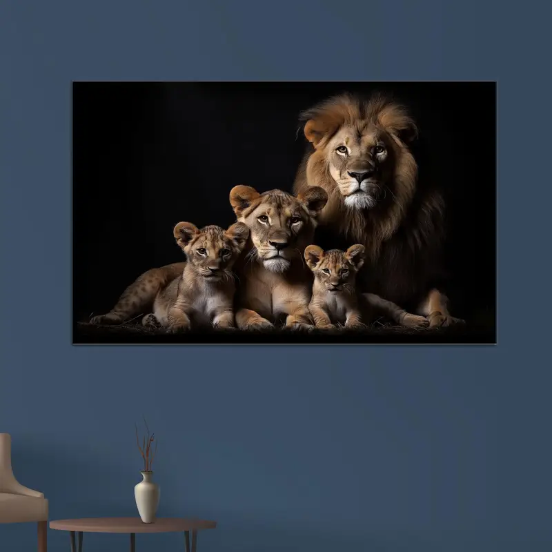 Modern Lion Family Canvas: Elegant Black Personalized Gift