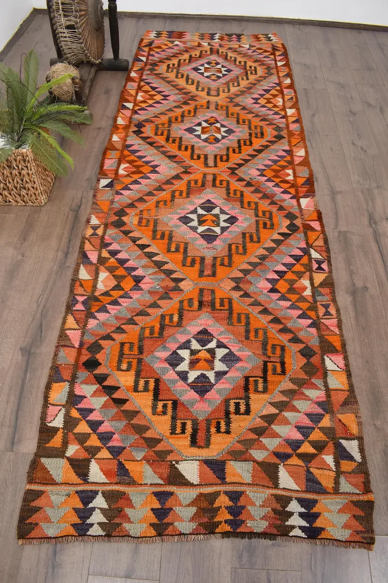Türk Vintage Halı, 3.3x10.3 ft Kilim Halı, Turuncu Ombré Yün Halı - 1