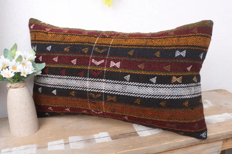 Kilim Pillow Cover, Cushion Cover, Turkish Pillow, Antique Pillows, 12x20 Red Cushion, Turkish Corner Pillow Sham - 4