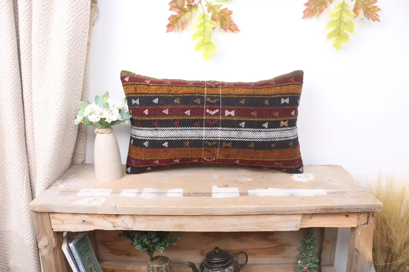 Kilim Pillow Cover, Cushion Cover, Turkish Pillow, Antique Pillows, 12x20 Red Cushion, Turkish Corner Pillow Sham - 1