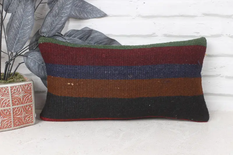 Throw Kilim Pillow, Vintage Throw Pillow Sham, Pillow for Sofa, Pillow Sham, Sofa Bolster Pillow Case, 8x16 Brown Cushion, Kilim Pillow Cover - 1