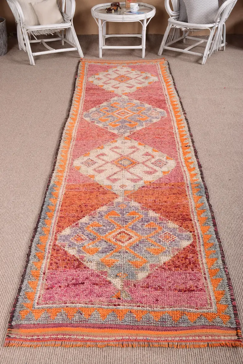 3x10.8 ft Herki Rug, Turkish Vintage Rug, Orange Pink Geometric Rug - 1