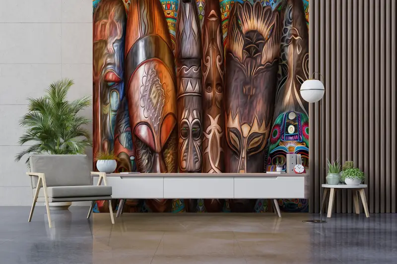 Trendige afrikanische Maskentapete: Bedrucktes abstraktes braunes Dekor