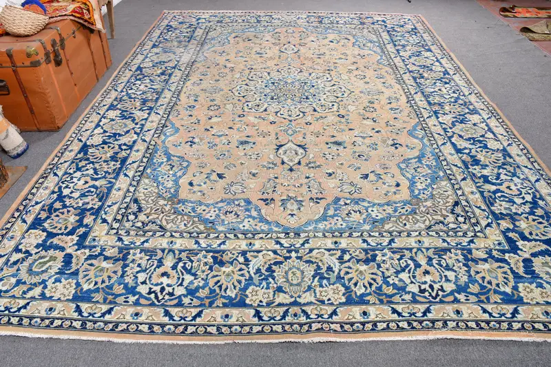 Zarif Kahverengi ve Mavi Oryantal Halı, 8,5x11,8 ft