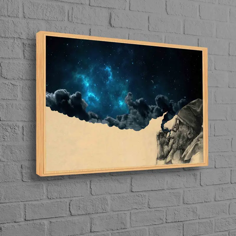 Contemporary Canvas: Smoking Old Man Under Starry Surreal Sky