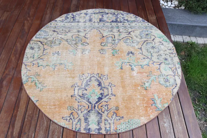 Handmade Orange & Blue Rug, 4.5x4.5 ft Geometric Floral