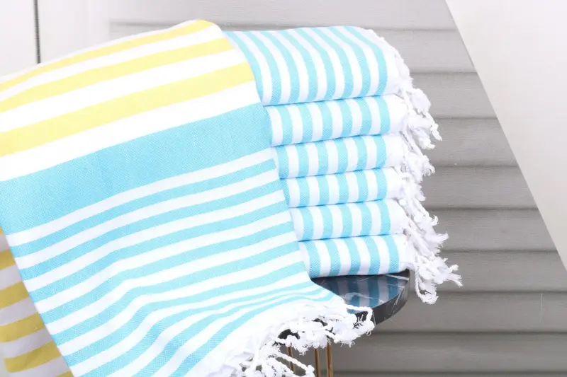 Monogram Towel Yellow-Turquoise Striped, Organic Turkish Cotton, 36x67 Inches