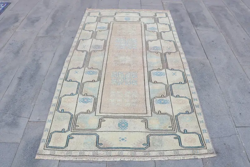 3.8x6.5 ft Rug, Vintage Oushak Rug, Turkish Blue Wool Ikat Rug - 1