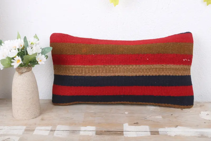 Cushion Case, Shabby Chic Pillow Sham, Boho Pillow, 8x16 Red Cushion, Tribal Cushion, Handmade Kilim Cushion, Art Deco Pillow, Throw Kilim Pillow - 2