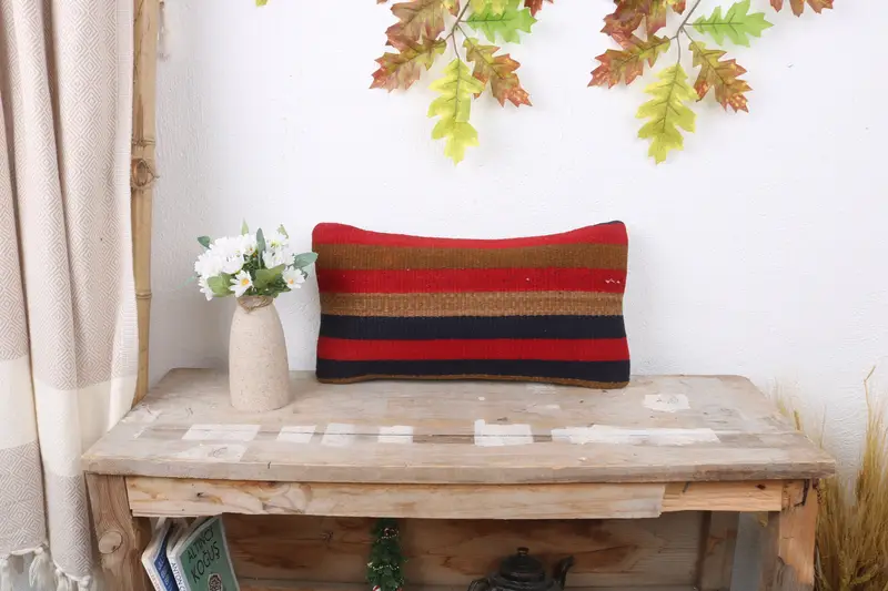 Cushion Case, Shabby Chic Pillow Sham, Boho Pillow, 8x16 Red Cushion, Tribal Cushion, Handmade Kilim Cushion, Art Deco Pillow, Throw Kilim Pillow - 1