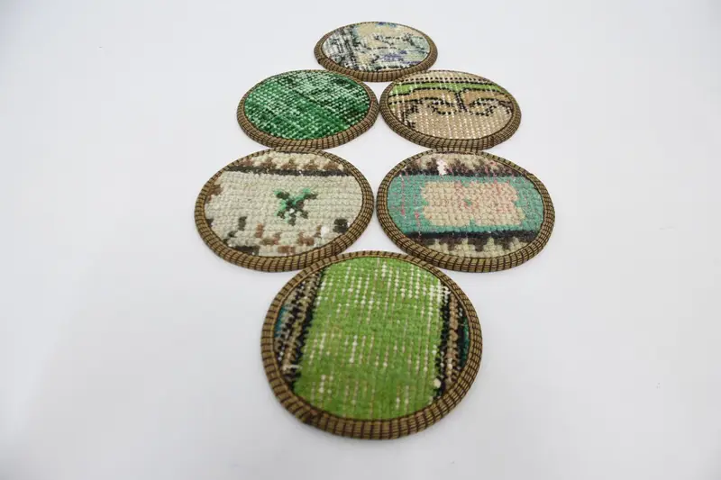 Green and Beige Round Coasters, Set of Six, Traditional Design Coasters
