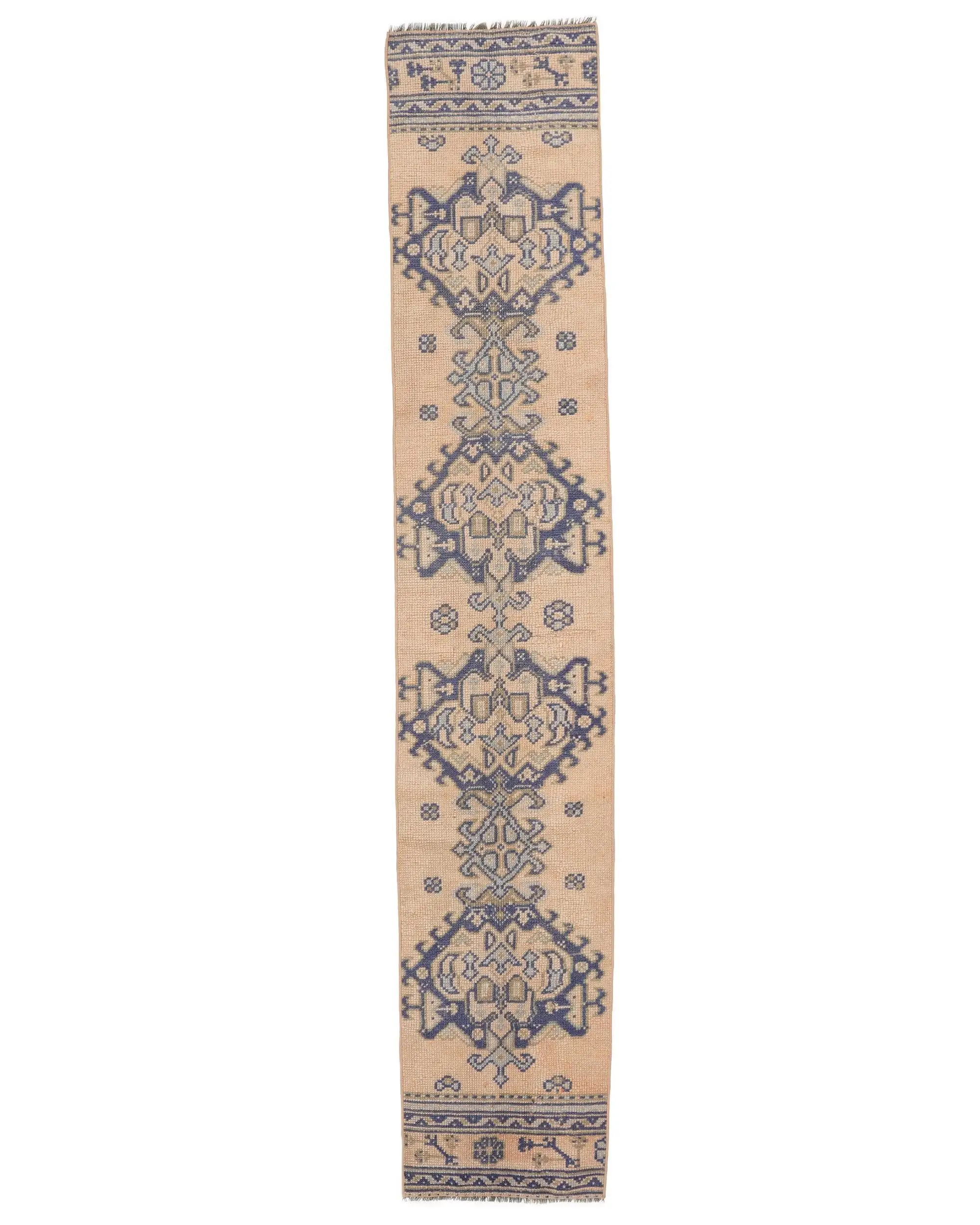 Türkischer Vintage-Teppich, 1,5 x 8,5 Fuß großer Läuferteppich, blaubrauner Wollteppich mit Blumenmuster - 1