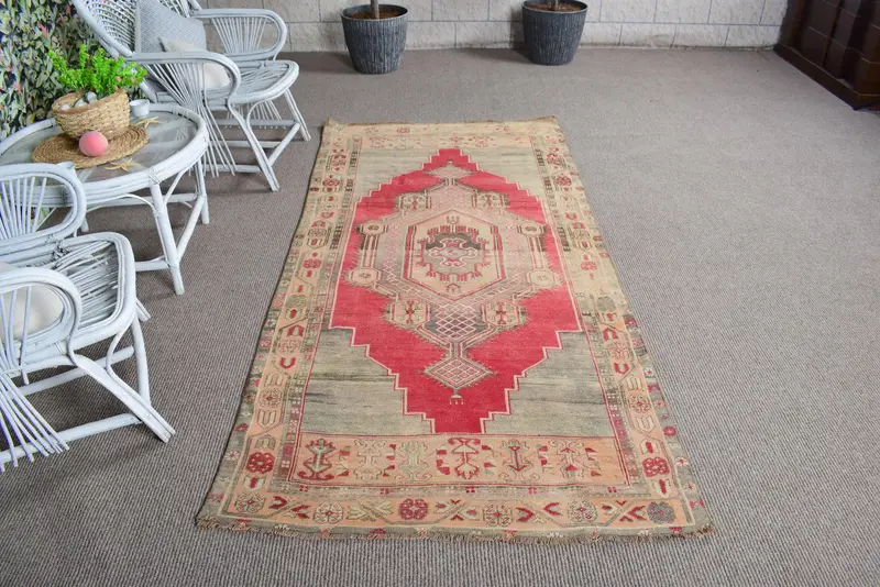 Türk Alan Halısı 3.7x7.6 ft, Kırmızı Soyut Vintage Yün Halı - 1