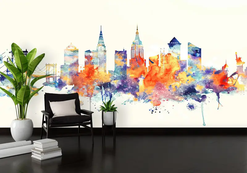 モダンなニューヨークのスカイラインプリント壁紙: 都市景観のエレガンス