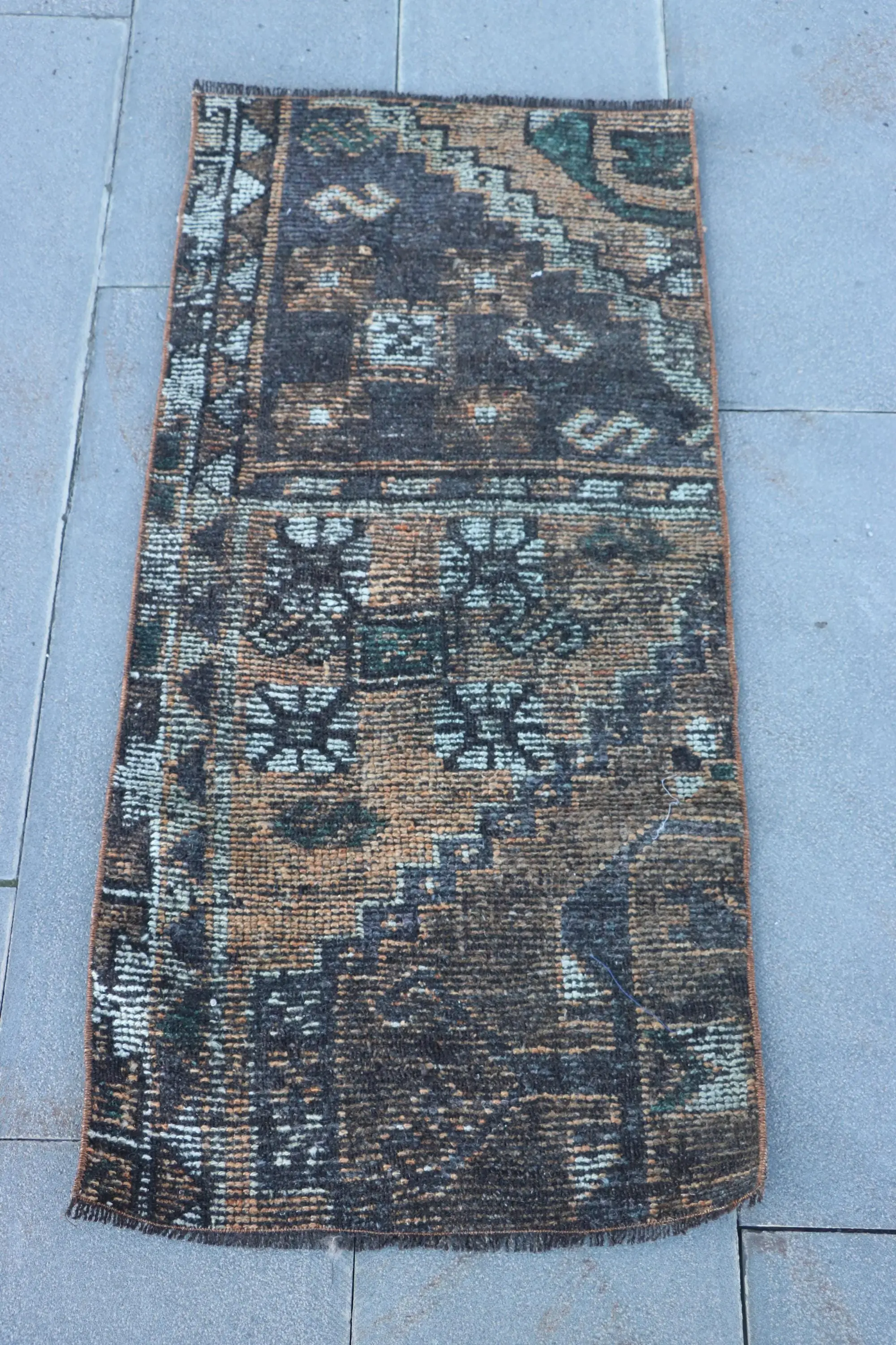 1.8x3.8 ft Small Turkish Vintage Rug, Black Floral Wool Rug - 1