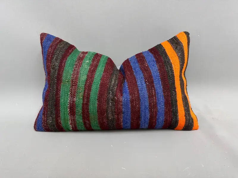 Turkish Kilim Pillow, Bright Pillow Case, Interior Designer Pillow, Cushion, Authentic Pillow Sham, 12x20 Green Pillow Cover, Vintage Pillow - 1