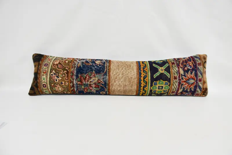 Blue & Orange Rectangle Throw Pillow, Vintage Embroidered Cushion