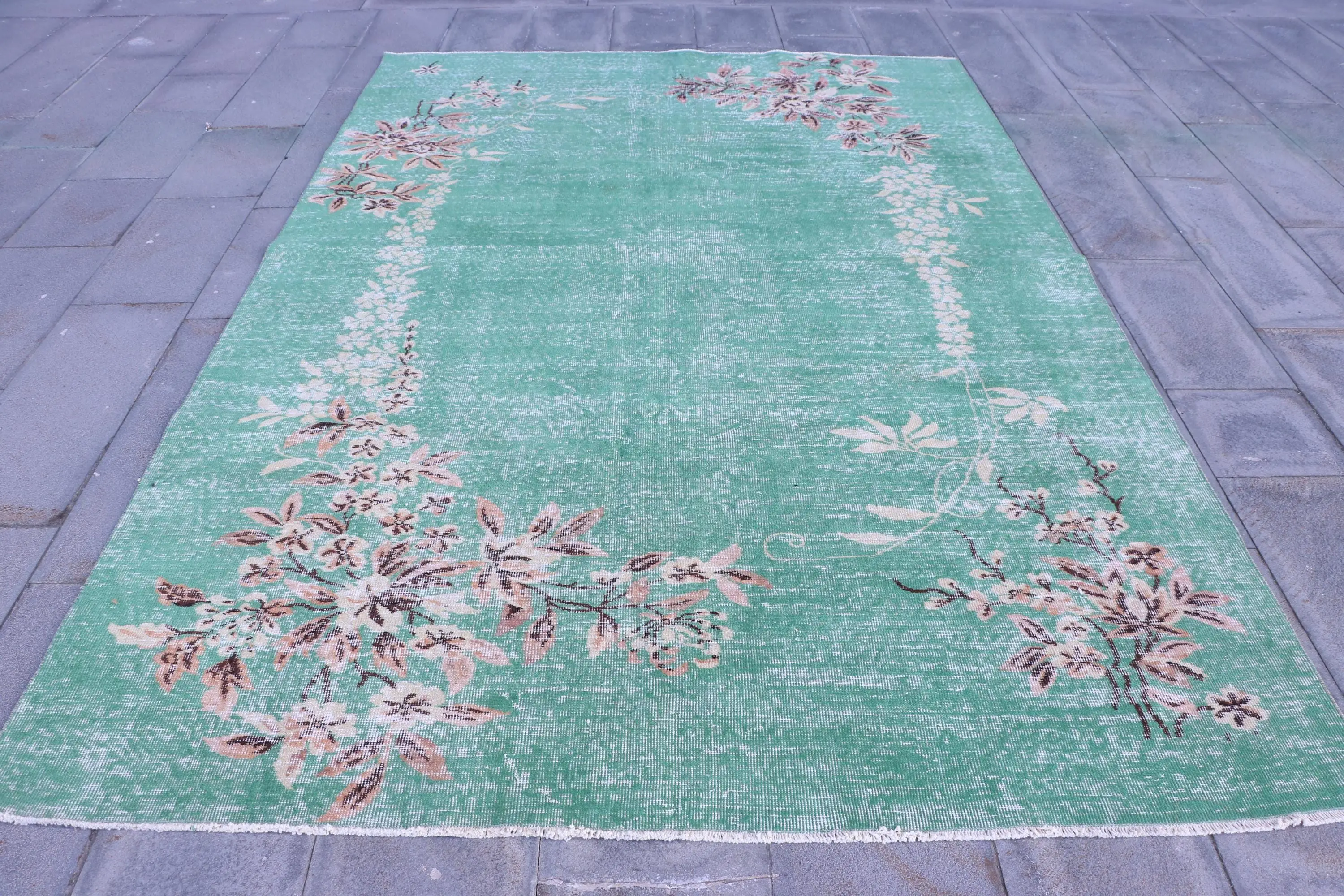 6.5x9.6 ft Türk Halısı, Kilim, Yeşil Kareli Halı Yün - 1