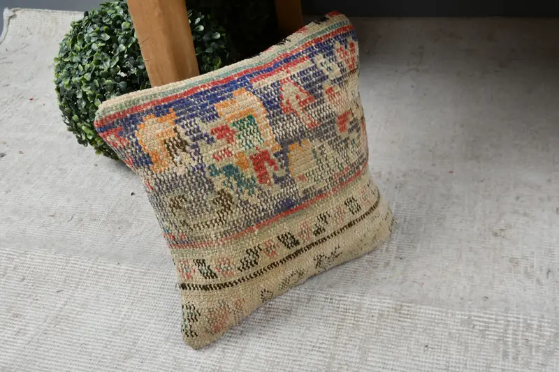 Cushion, Boho Pillow, Vintage Kilim Pillow, Boho Chic Pillow, Retro Pillow Sham, Neutral Cushion, Ethnical Kilim Rug Pillow, 12x12 Blue Pillow Sham - 7