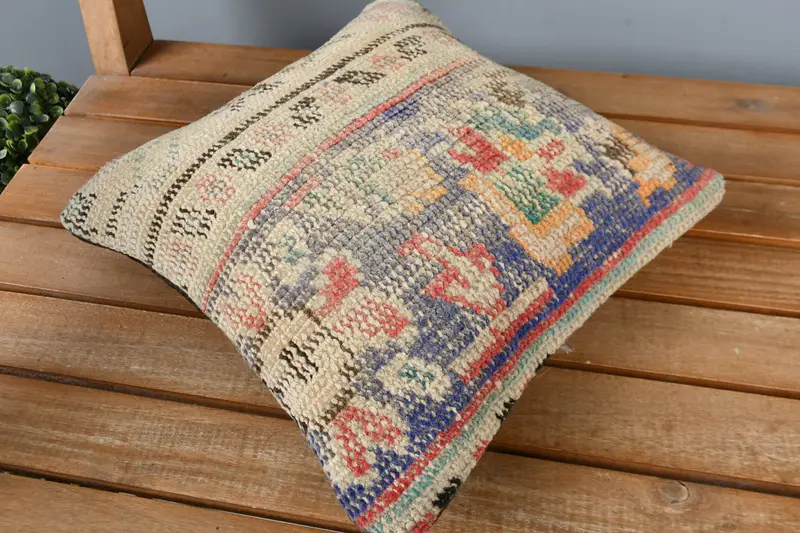 Cushion, Boho Pillow, Vintage Kilim Pillow, Boho Chic Pillow, Retro Pillow Sham, Neutral Cushion, Ethnical Kilim Rug Pillow, 12x12 Blue Pillow Sham - 2