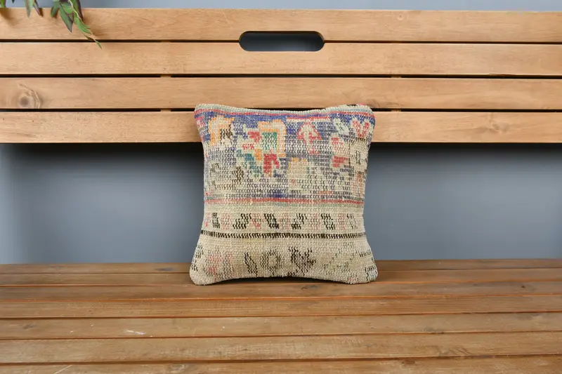 Cushion, Boho Pillow, Vintage Kilim Pillow, Boho Chic Pillow, Retro Pillow Sham, Neutral Cushion, Ethnical Kilim Rug Pillow, 12x12 Blue Pillow Sham - 6