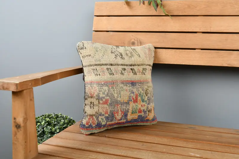 Cushion, Boho Pillow, Vintage Kilim Pillow, Boho Chic Pillow, Retro Pillow Sham, Neutral Cushion, Ethnical Kilim Rug Pillow, 12x12 Blue Pillow Sham - 1
