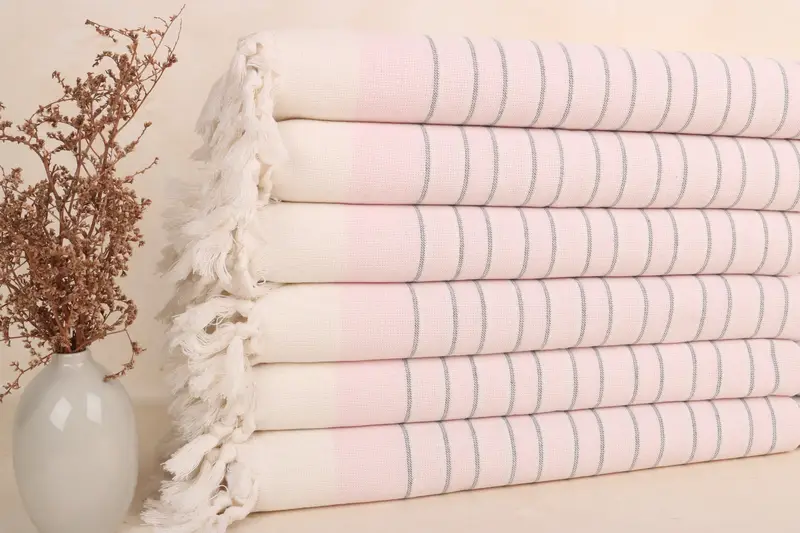 Embroidered Terry Towel, Light Pink Striped, 18x36 Inches, Organic Turkish Cotton