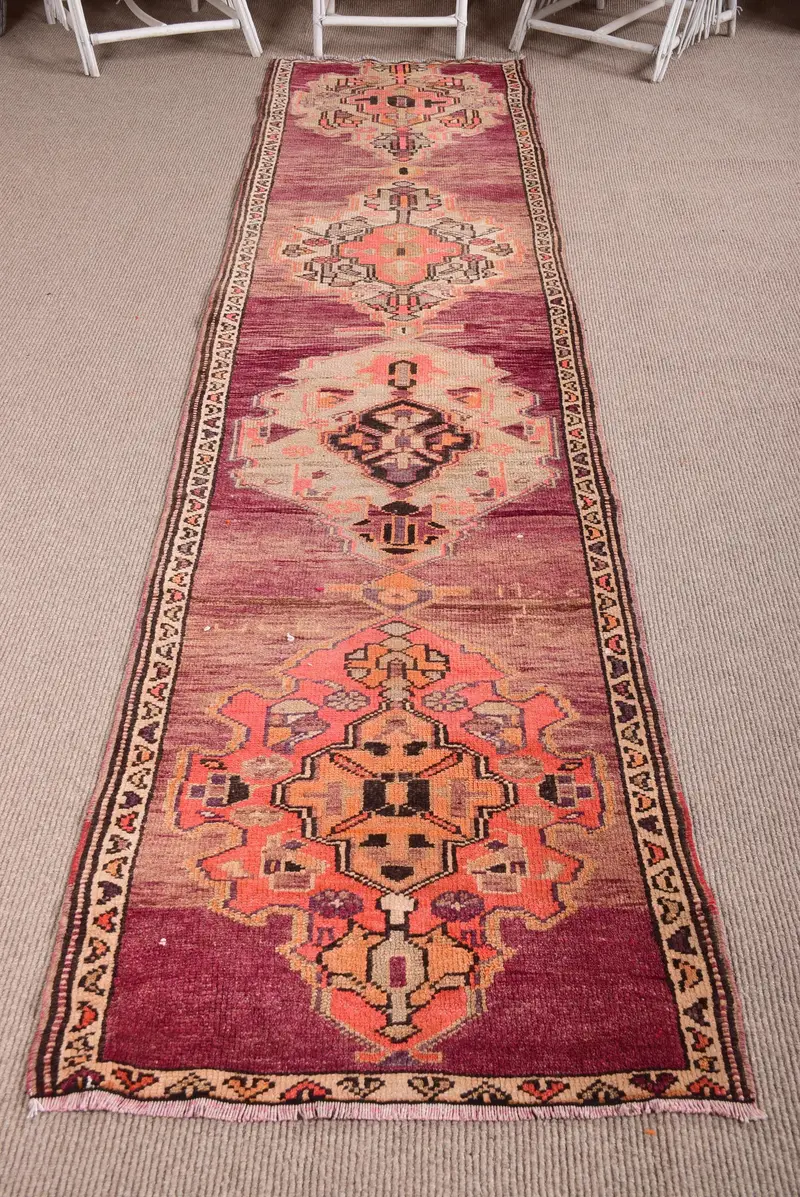 2.8x11.9 ft Halı, Türk Herki Halısı, Vintage Kırmızı Yün Patchwork Halı - 1