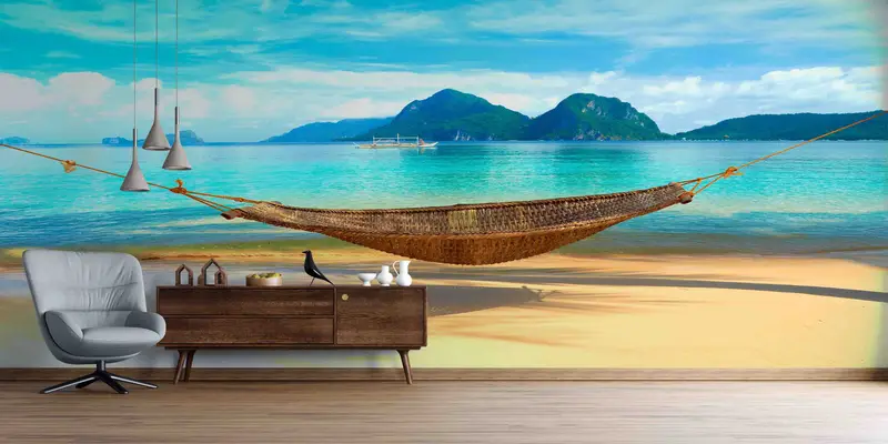 Printed Wallpaper: Hammock Chill Sea Landscape Beach View